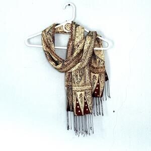 Novica Silk Scarf Brown Cream Indonesia 55" Long Fringe Boho